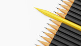 One Golden pencil step forward among bunch of black pencils, Lead the way concept, stand out from the crowd, uniqueness, initiative, strategy, dissent, 3D Render