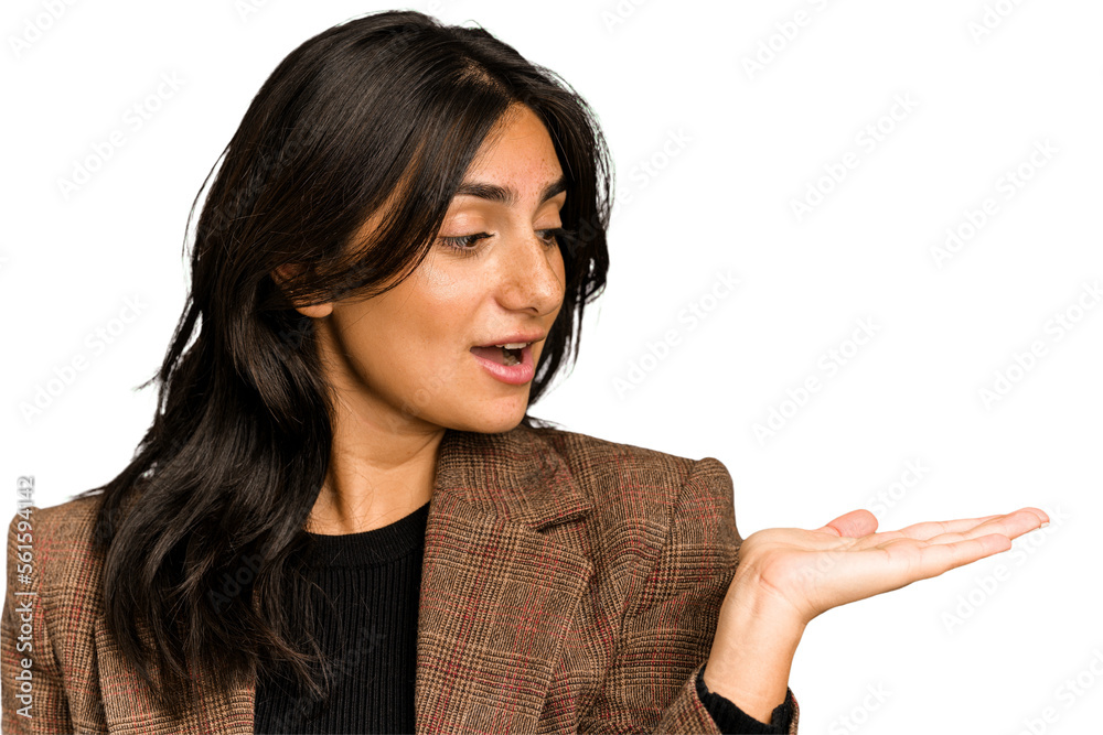Young indian business woman holding gesture isolated Young indian business woman holding gesture isolated