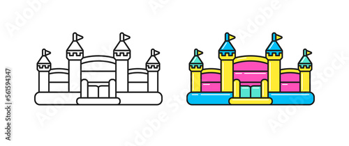Bounce house, inflatable trampoline icons for children's games on playground or indoor, kids zone, family parties. Vector outline and colorful illustrations for coloring on white background