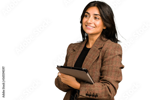 Young indian woman using her tablet isolated photo