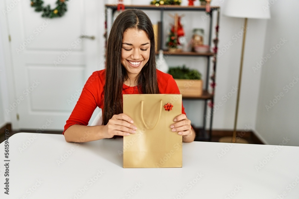 Young latin woman holding gift bag sitting by christmas decor at home Young latin woman holding gift bag sitting by christmas decor at home