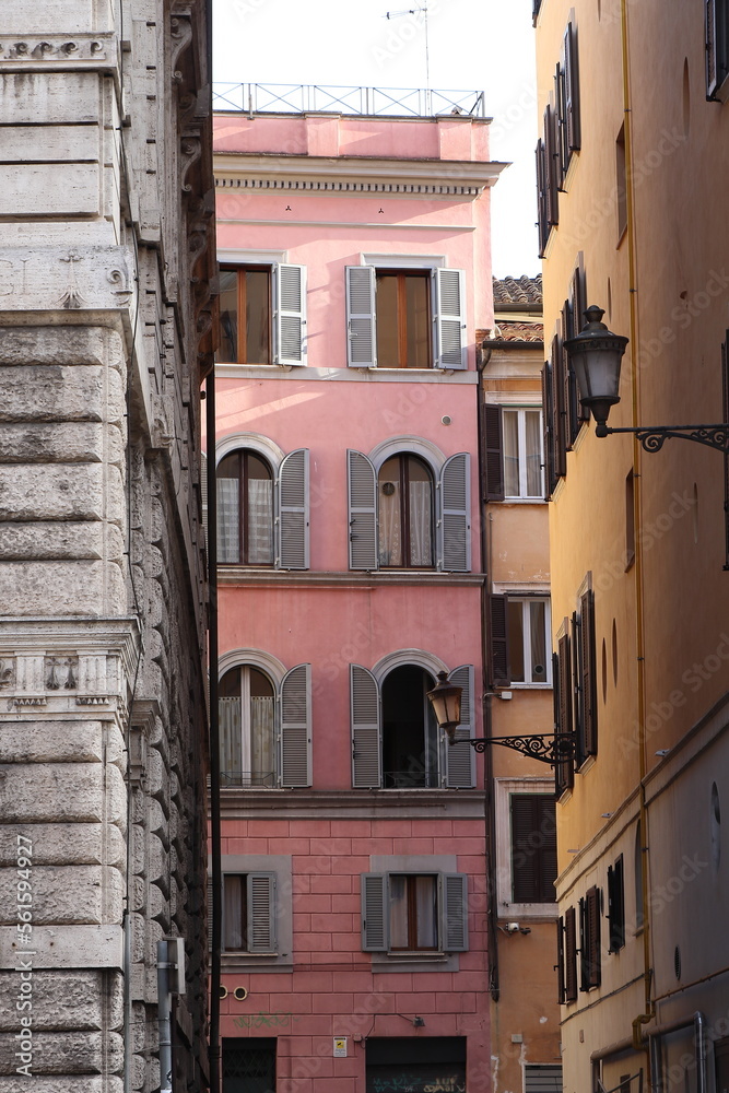 Rome Street View with Pink Building Facade, Italy