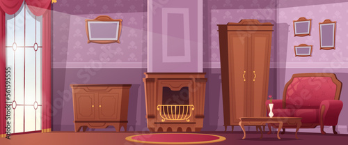 Old style interior. Vintage furniture in living room interior exact vector cartoon background