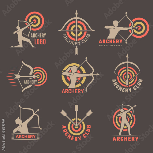 Archery club. Labels or logo with bow and archer recent vector business identity for sport competition