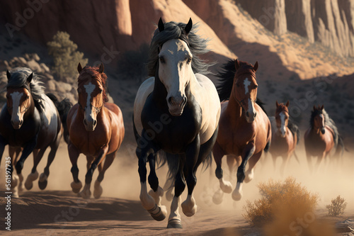 Running western horses in Valley. Created by Generative AI