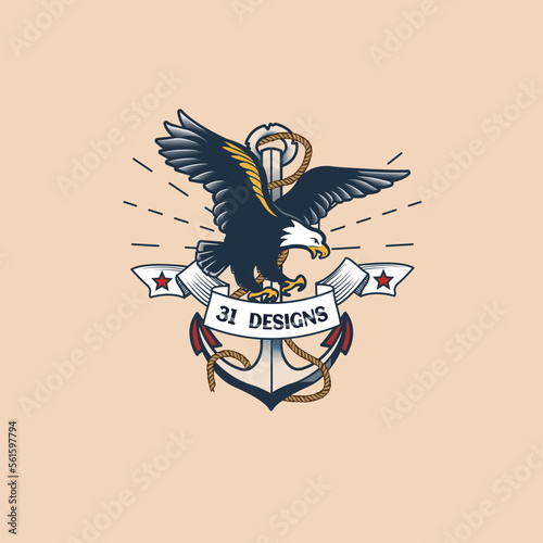 Marine navy old tattoo logo template with ribbon nautical theme anchor vintage retro sailor nautical eagle illustration