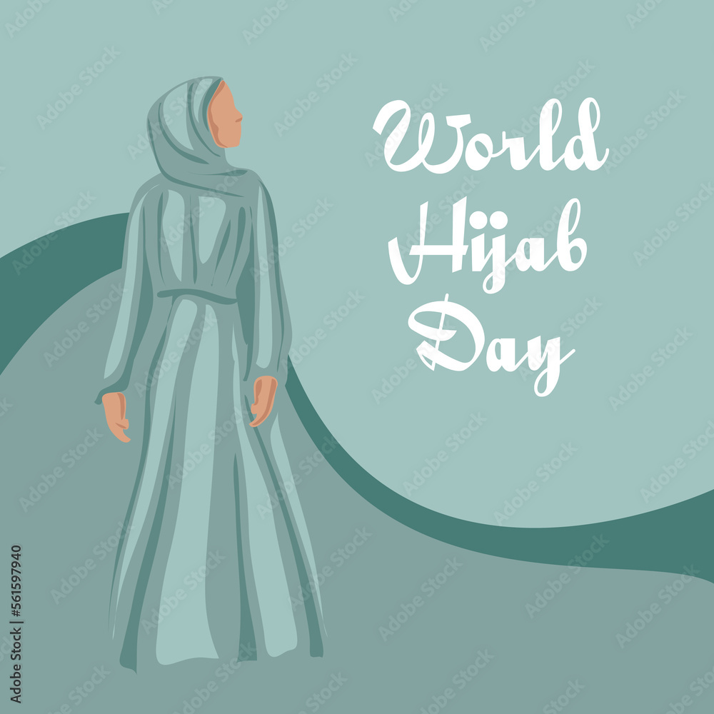 World hijab day. Good for the world hijab day celebration. Beautiful girl in a hijab. Flat design. Flyer design. Vector illustration.