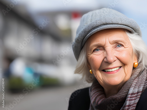 Portrait of senior woman with hat. Blurred Background. Generative AI
