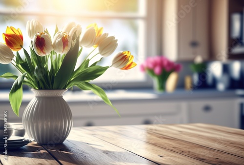 tulips bouquet in vase on wooden table at kitchen, warm light shine bright from behind, idea for spring background , Generative Ai