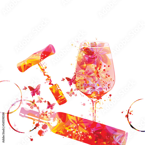 Elegant wine glass, corkscrew and bottle with flowers. Floral aroma wine in goblet. Colorful stemware with alcoholic beverage for celebrations and special occasions. Degustation events. Wine making.
