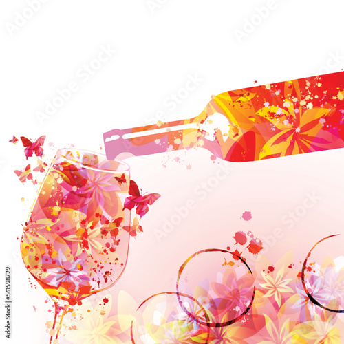 Pouring beverage from a bottle. Tilted wine bottle. Floral aroma wine in a glass. Serving alcoholic drink for celebrations and special occasions. Degustation events. Wine making craftsmanship concept