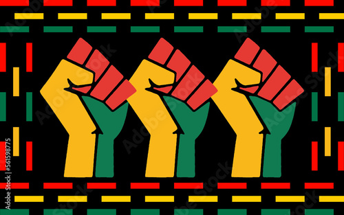 Black history month 2023 Celebration Background.  Black History Month text with human Fist and Seamless Pattern. Celebrated annually in February in the USA and Canada.