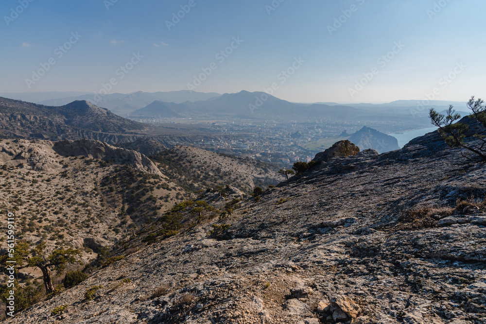 View on Sudak from Falcon Sokol mountain at morning. Crimea