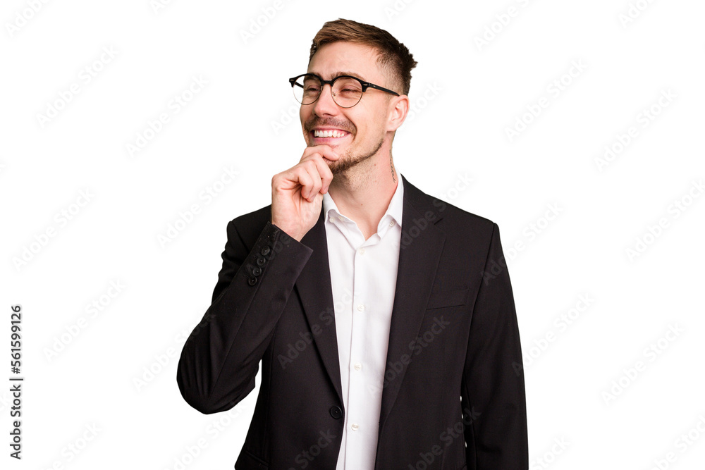 Young caucasian business man cutout isolated looking sideways with doubtful and skeptical expression. Young caucasian business man cutout isolated looking sideways with doubtful and skeptical expression.