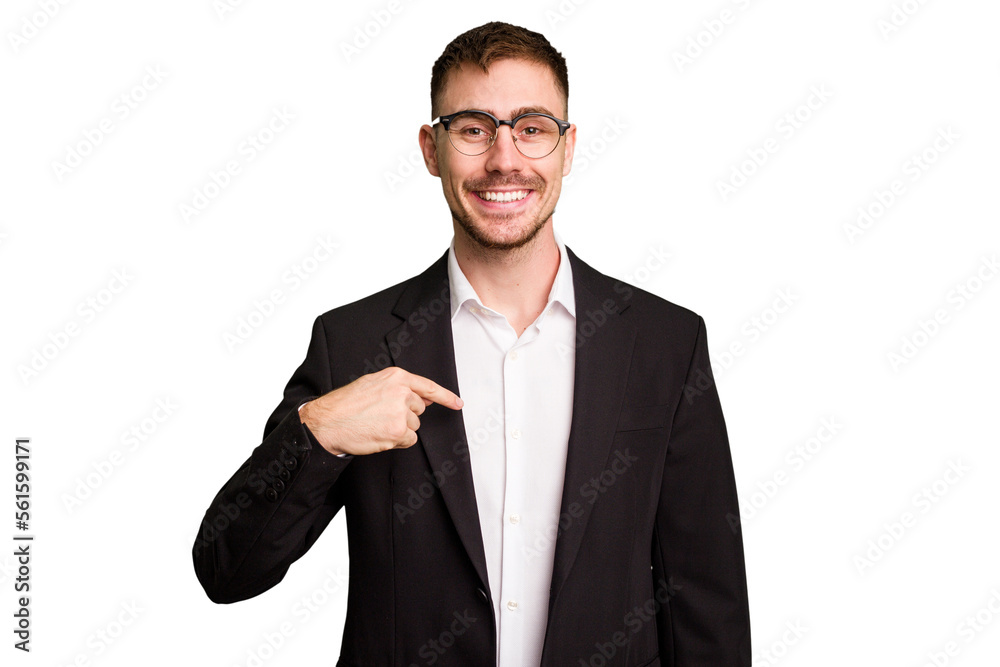 Young caucasian business man cutout isolated person pointing by hand to a shirt copy space, proud and confident Young caucasian business man cutout isolated person pointing by hand to a shirt copy space, proud and confident