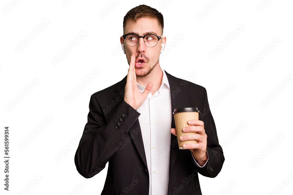 Young business caucasian man drinking a coffee isolated cutout is saying a secret hot braking news and looking aside Young business caucasian man drinking a coffee isolated cutout is saying a secret hot braking news and looking aside