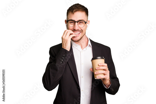 Young business caucasian man drinking a coffee isolated cutout biting fingernails, nervous and very anxious.