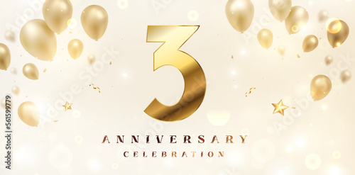 3rd Anniversary celebration background. 3D Golden numbers with bent ribbon, confetti and balloons.