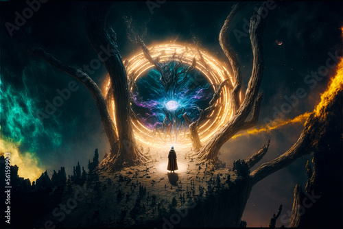Mystic in front of a Tree Portal sci-fi fantasy 3 - Fictitious Generated by Generative Ai