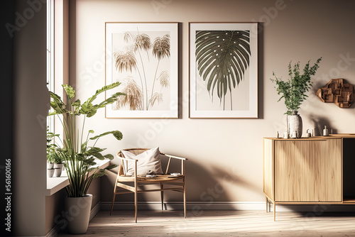 poster frames in a room with a neutral  light colored wall that receives sunlight  wooden furniture  a tropical plant  and palm leaves. Generative AI