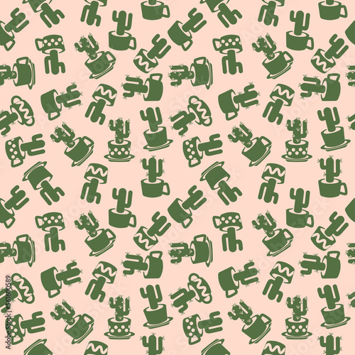 Seamless pattern with simple drawing cactus silhouette in cup