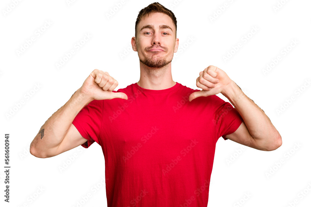 Fototapeta premium Young caucasian man cut out isolated feels proud and self confident, example to follow.