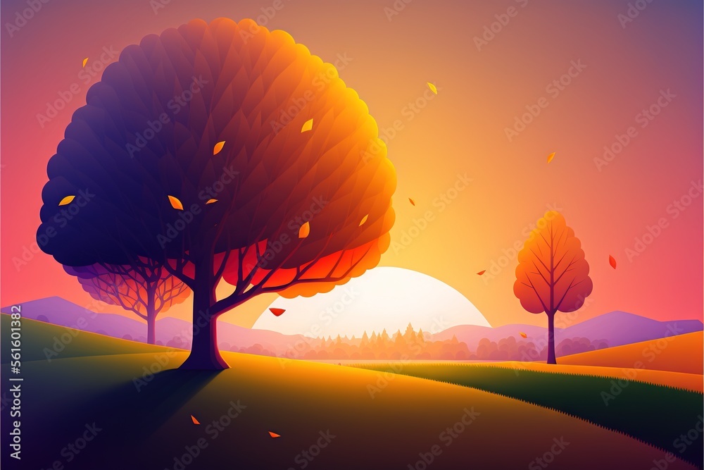 A Painting Of A Sunset With Trees And A Hill In The Background With 