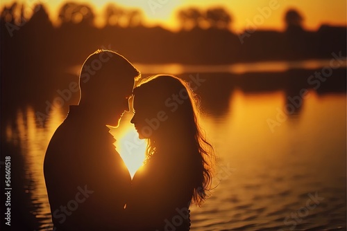 Papier peint a couple is standing close to each other in front of a lake at sunset with the sun setting behind them and the silhouette of the couple's face and the water behind them,