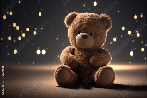  a  bear sitting on a floor with a lot of lights in the background of the picture and a  bear sitting on the floor with a lot of lights in the background of the. generative ai  photo