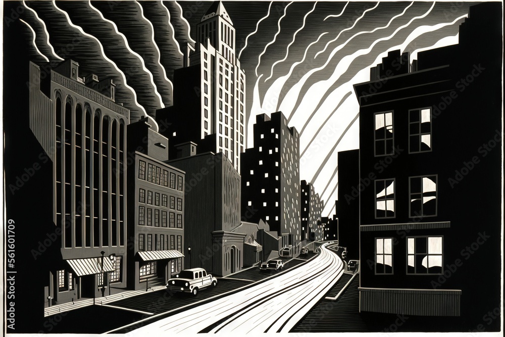 a black and white drawing of a city street with buildings and a car on ...