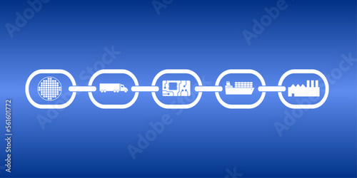 Supply chain as graphic with silicon, chip, container ship and factory. World trade and supply delays symbol image as vector file as svg.