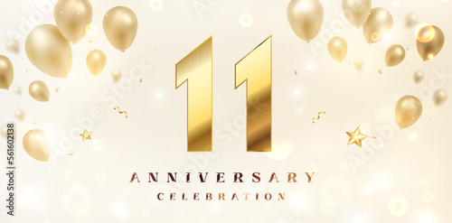 11th Anniversary celebration background. 3D Golden numbers with bent ribbon, confetti and balloons.