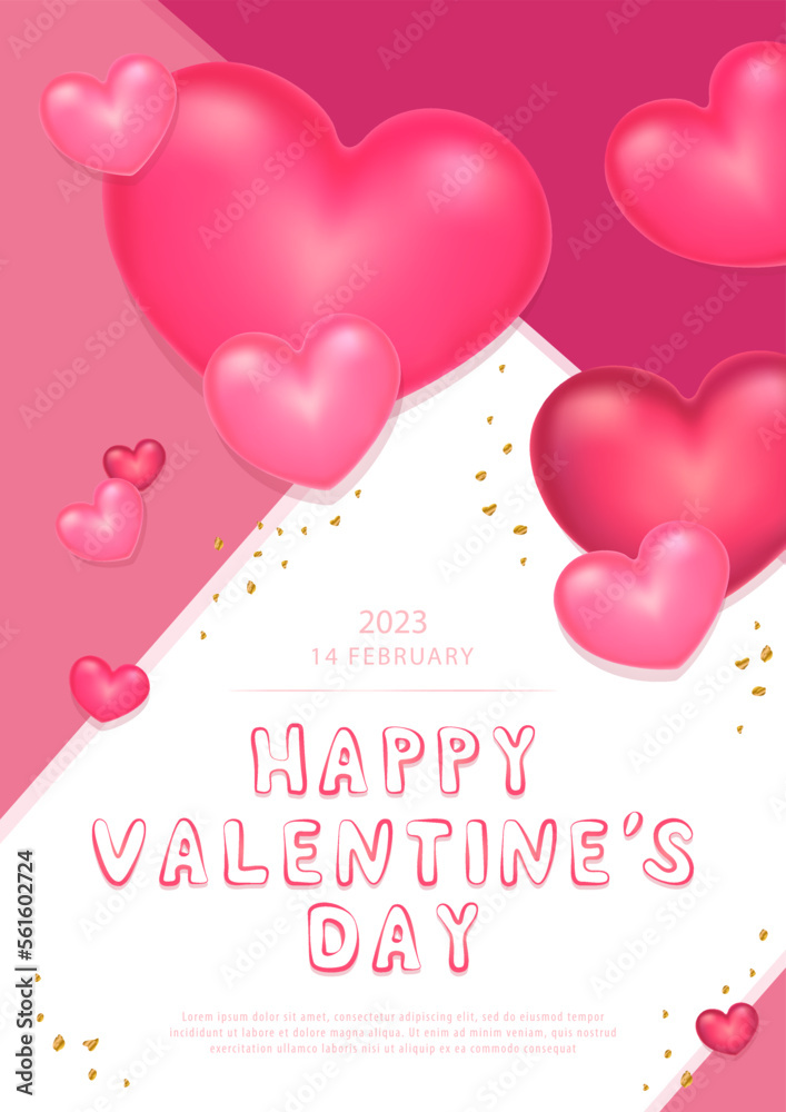 Conceptual poster for Valentine's Day. 3d red and pink hearts, symbol of love. Cute love banner, poster or greeting card. Vector illustration
