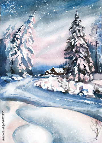 Landscape of winter and snow firs in snowdrifts and house in blue and pink.Watercolor illustration.