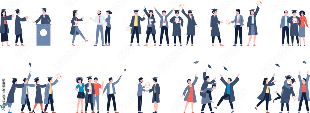 Happy graduate college students with friends, mother and teacher. Male on graduation ceremony, success student with diploma recent vector characters