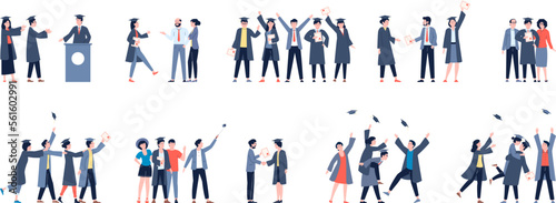 Happy graduate college students with friends, mother and teacher. Male on graduation ceremony, success student with diploma recent vector characters