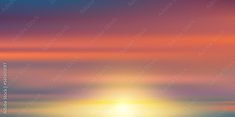Sky Sunset evening with Orange,Yellow,Pink,Purple,Blue color, Golden hour Dramatic twilight landscape,Vector Banner horizontal Romantic Sky of Sunrise or Sunlight for four seasons background.