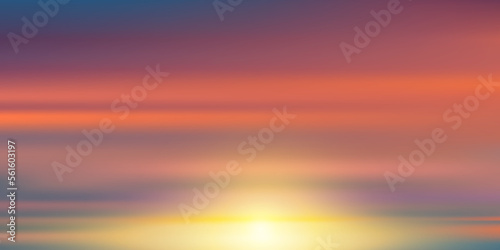 Sky Sunset evening with Orange,Yellow,Pink,Purple,Blue color, Golden hour Dramatic twilight landscape,Vector Banner horizontal Romantic Sky of Sunrise or Sunlight for four seasons background.