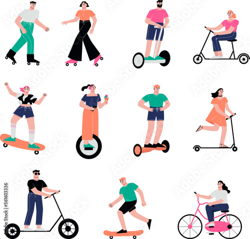 Flat cartoon people ride scooter and bicycle, skateboard and rollers. Summer outdoor walking characters, young man and woman vector set