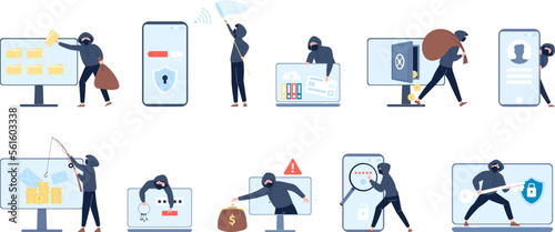 Hackers characters phishing security personal data. Hacker hack web information, phone scam and danger attack at mobile bank recent vector scenes