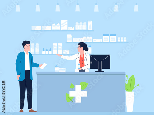 Pharmacist and patient in drugstore. Medical client buy pills, pharma business retail. Customer in clinic store, medical recent vector healthcare scene