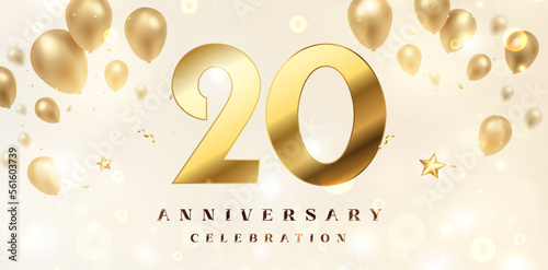 20th Anniversary celebration background. 3D Golden numbers with bent ribbon, confetti and balloons.