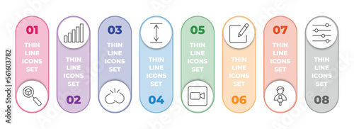 user interface infographic element with outline icons and 8 step or option. user interface icons such as tracking, level, disconnected chains, height, facetime, compose, news reporters, adjustment