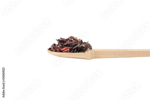 Dry hibiscus tea on wooden spoon isolated on white background. herb. herbal tea. food ingredient.