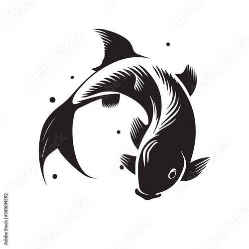 Koi fish. Minimal black and white vector icon illustration. Simple fish logo. Asian oriental animal. Aquatic creature. Traditional chinese and japanese element. Black ink graphic art. Isolated carp.
