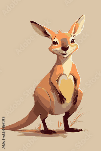 Cute cartoon kangaroo. Hand drawn vector animal. Australian wildlife poster. Happy cheerful zoo creature. Young funny marsupial. Little wallaby mascot. Comic art for children and kids. Nursery card