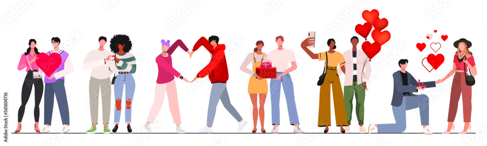 Gift, proposal, romance, love, couple, wedding, marriage and family concept. Set of characters. Young couples in love. February 14. Flat cartoon characters isolated on white background.