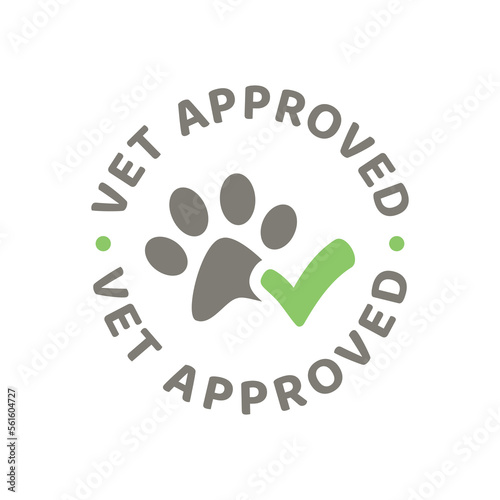 Vet approved vector sticker stamp. Veterinarian ok with checkmark and dog paw print label.