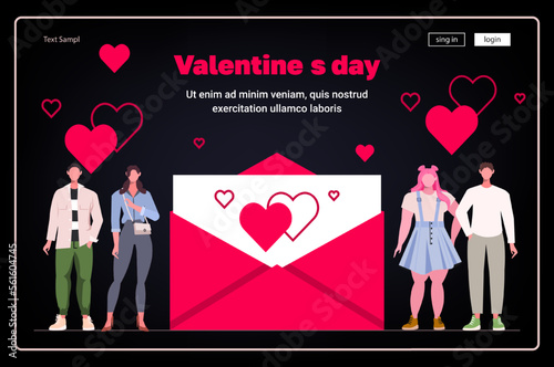 People stand near big pink envelope and send message with pink hearts on black background. Romantic email. Concept of valentine's day, love and romance. Modern vector illustration for website 