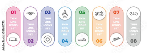 transportation infographic element with outline icons and 8 step or option. transportation icons such as lorry, hang glider, all terrain, military airplane, flatbed lorry, motorbike, funicular
